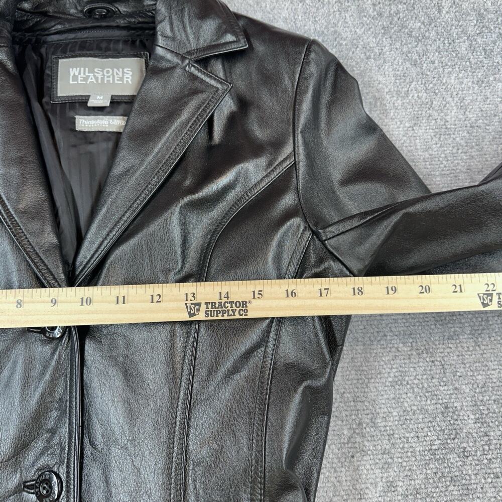 Wilsons Leather Black Leather Jacket Womens M Belted Lined Button Minimalist - Picture 4 of 12
